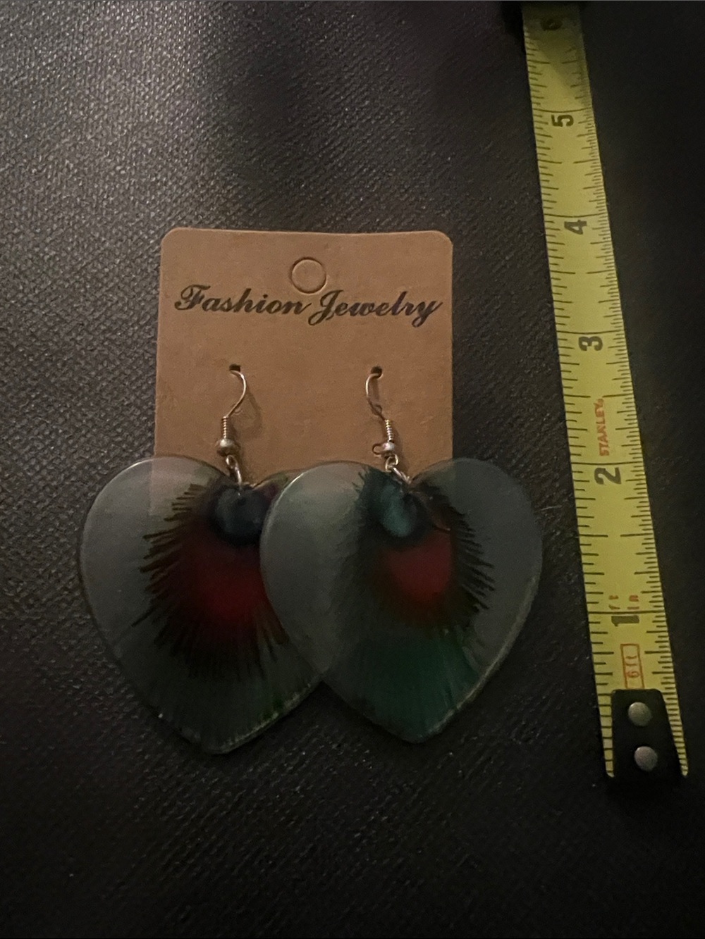 Fashion Jewelry Heart Drop Earrings with Green and Red Feather Accent